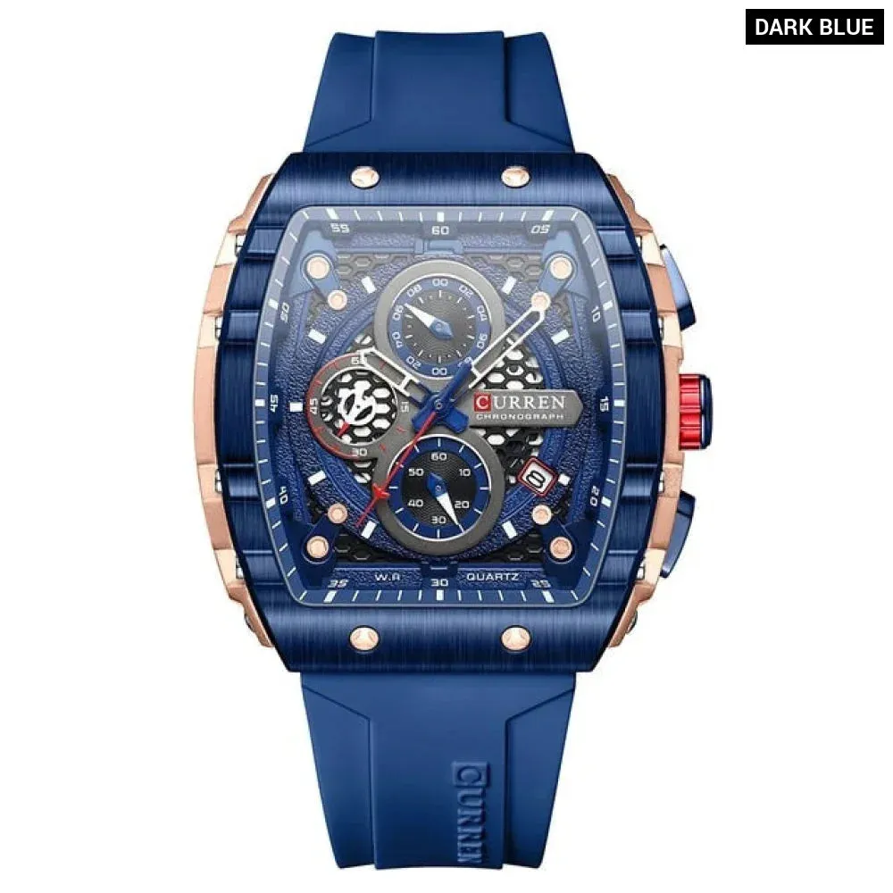 Casual Rectangular Silicone Straps Chronograph Quartz Wristwatches with Auto Date