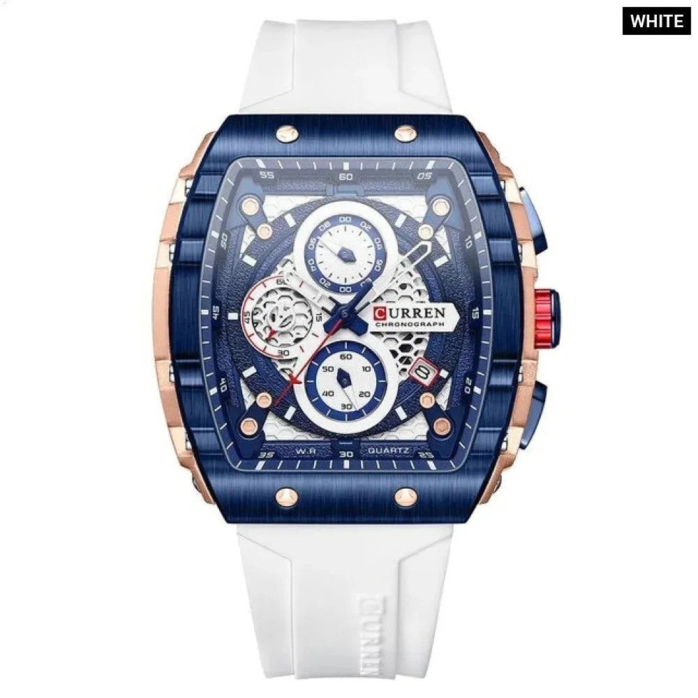 Casual Rectangular Silicone Straps Chronograph Quartz Wristwatches with Auto Date