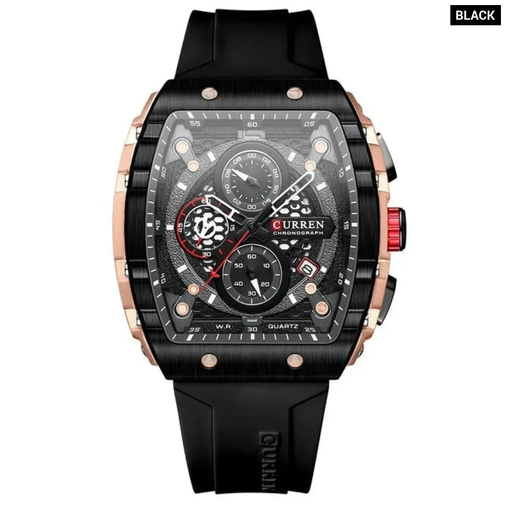 Casual Rectangular Silicone Straps Chronograph Quartz Wristwatches with Auto Date