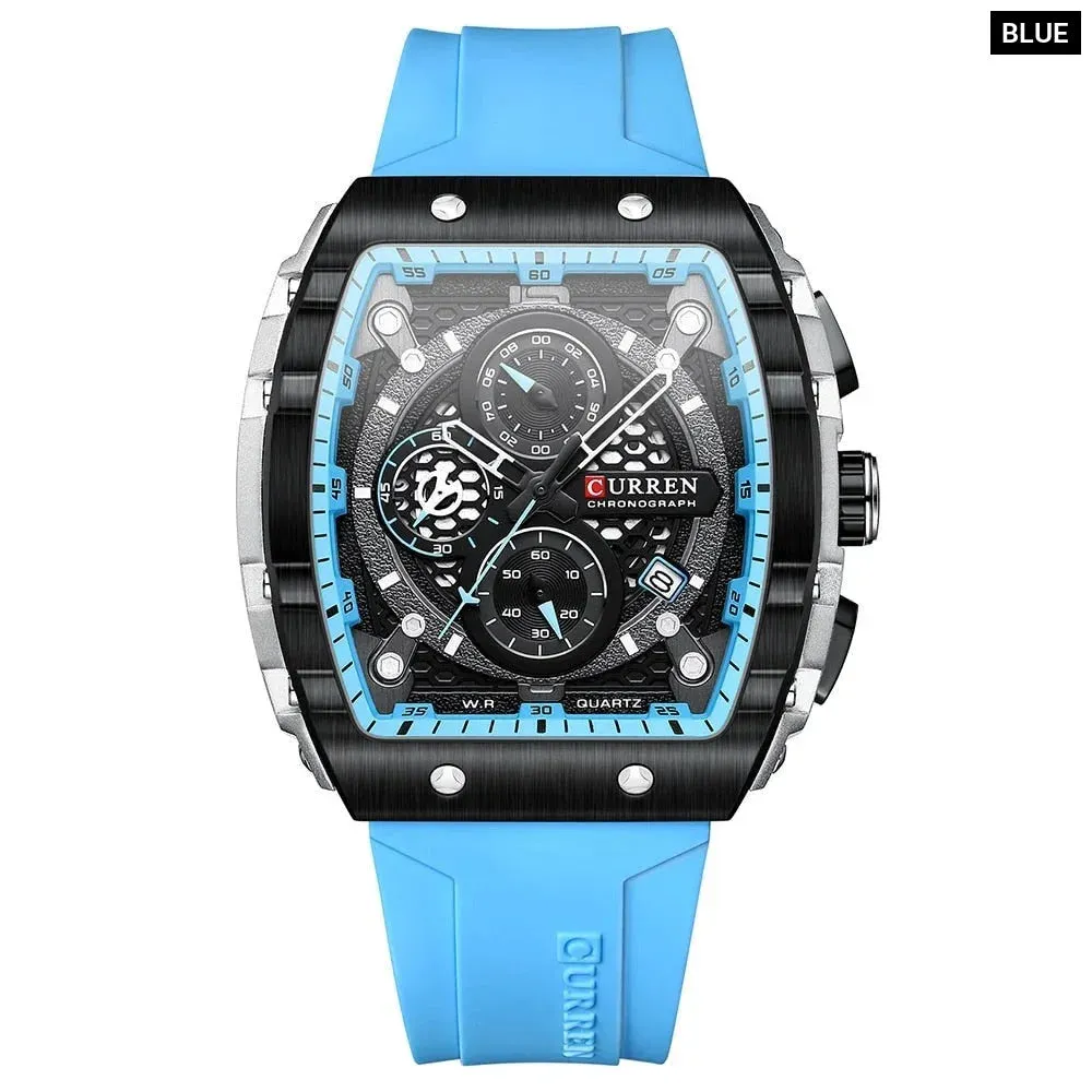 Casual Rectangular Silicone Straps Chronograph Quartz Wristwatches with Auto Date