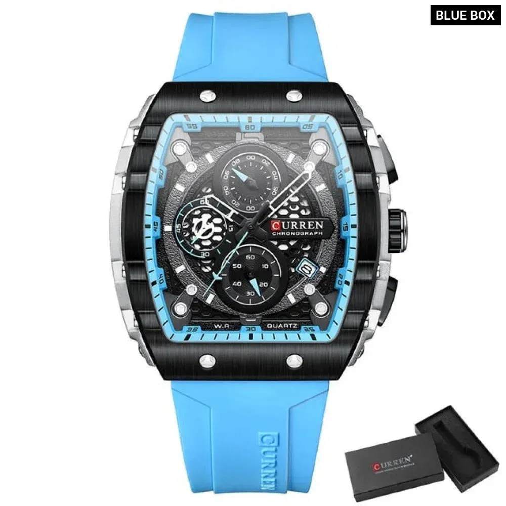Casual Rectangular Silicone Straps Chronograph Quartz Wristwatches with Auto Date