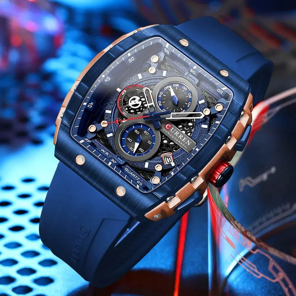 Casual Rectangular Silicone Straps Chronograph Quartz Wristwatches with Auto Date
