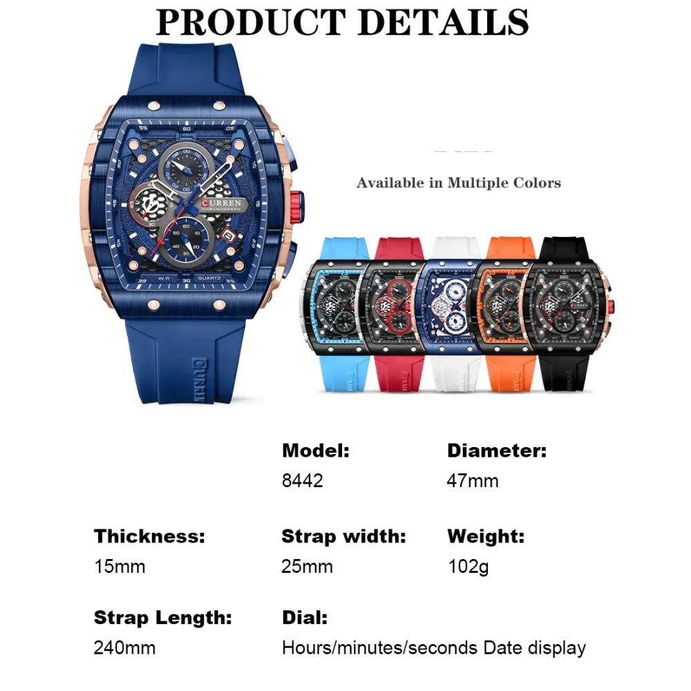 Casual Rectangular Silicone Straps Chronograph Quartz Wristwatches with Auto Date