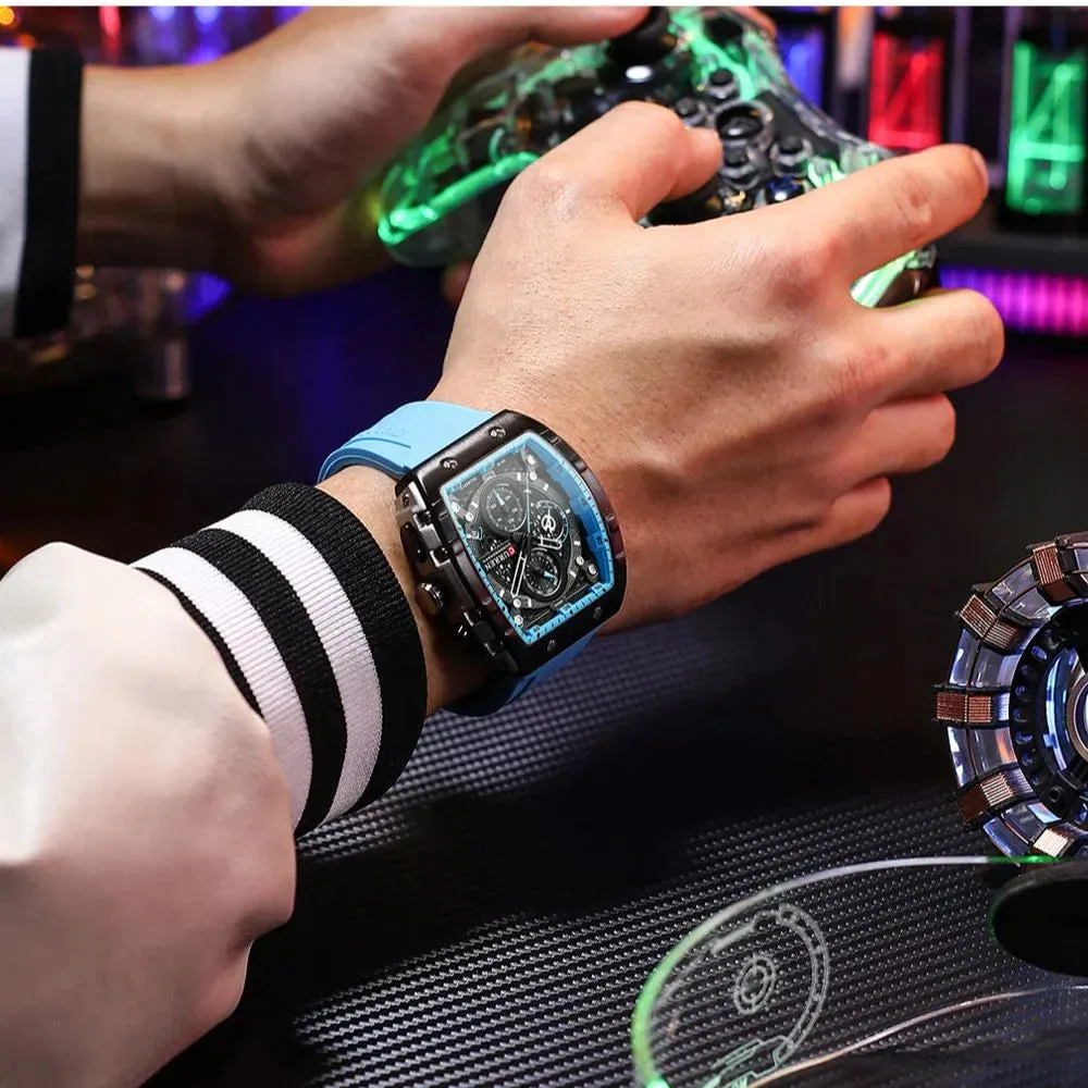 Casual Rectangular Silicone Straps Chronograph Quartz Wristwatches with Auto Date