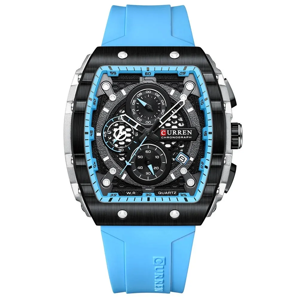 Casual Rectangular Silicone Straps Chronograph Quartz Wristwatches with Auto Date