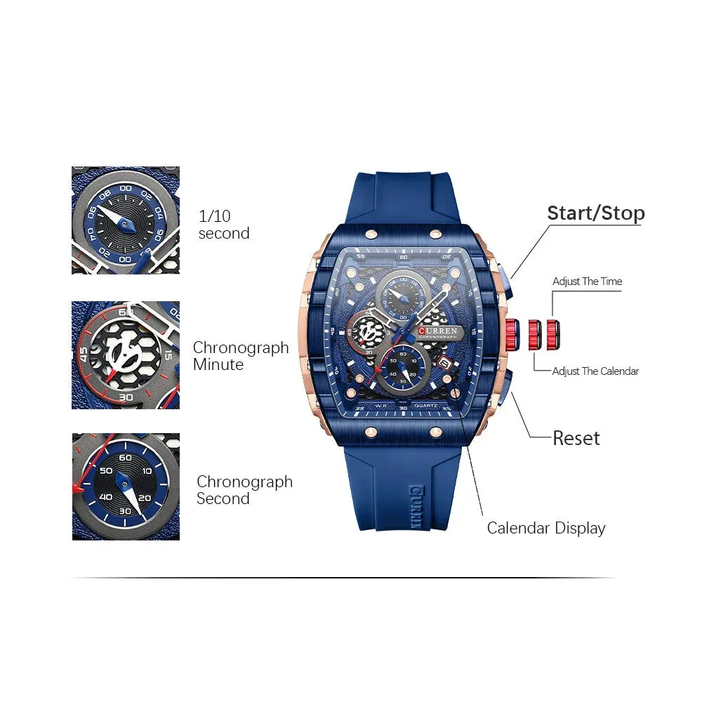 Casual Rectangular Silicone Straps Chronograph Quartz Wristwatches with Auto Date