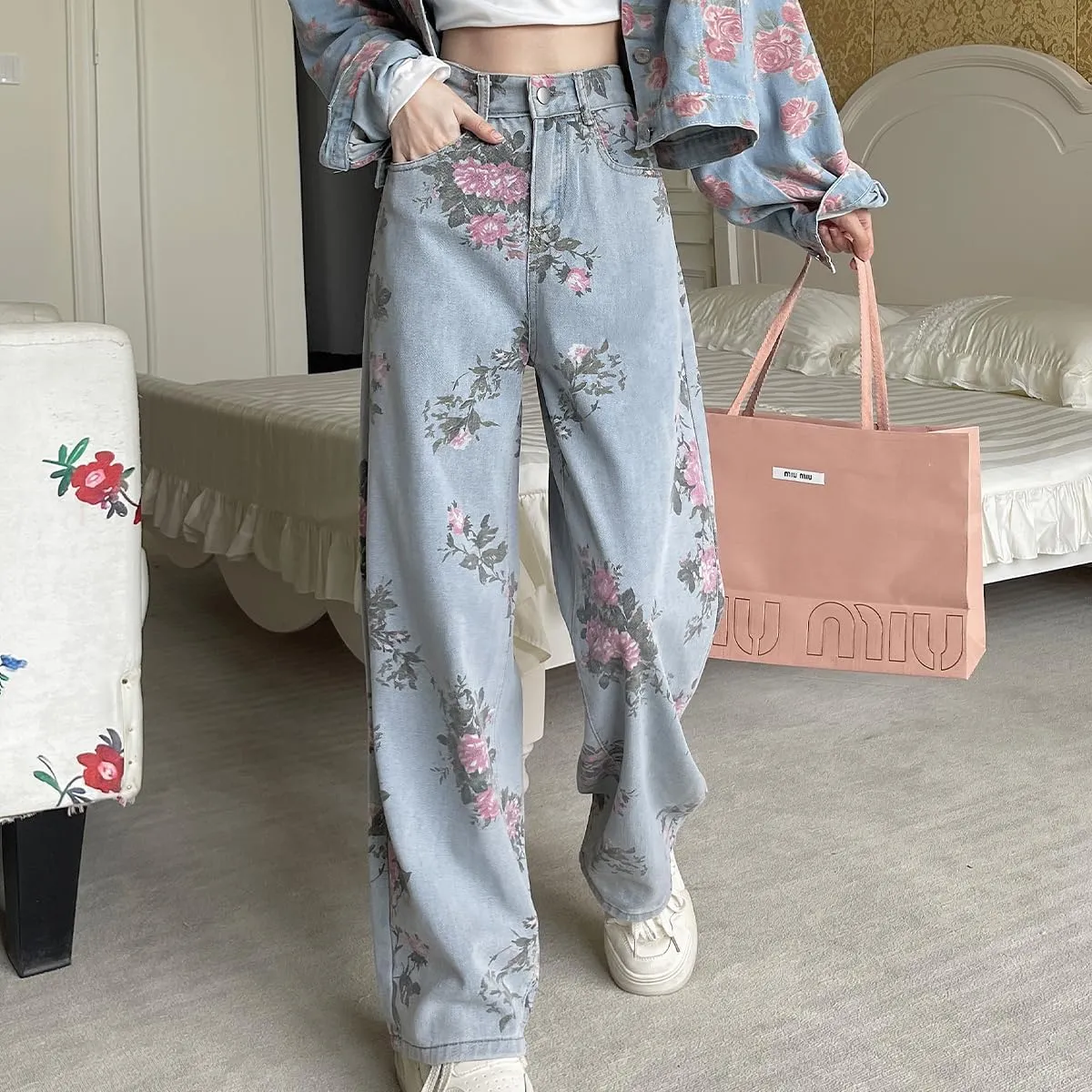 Casual Y2K Straight Leg High Waisted Jeans for Women Fashion Simplicity Cute Floral Printed Denim Pants
