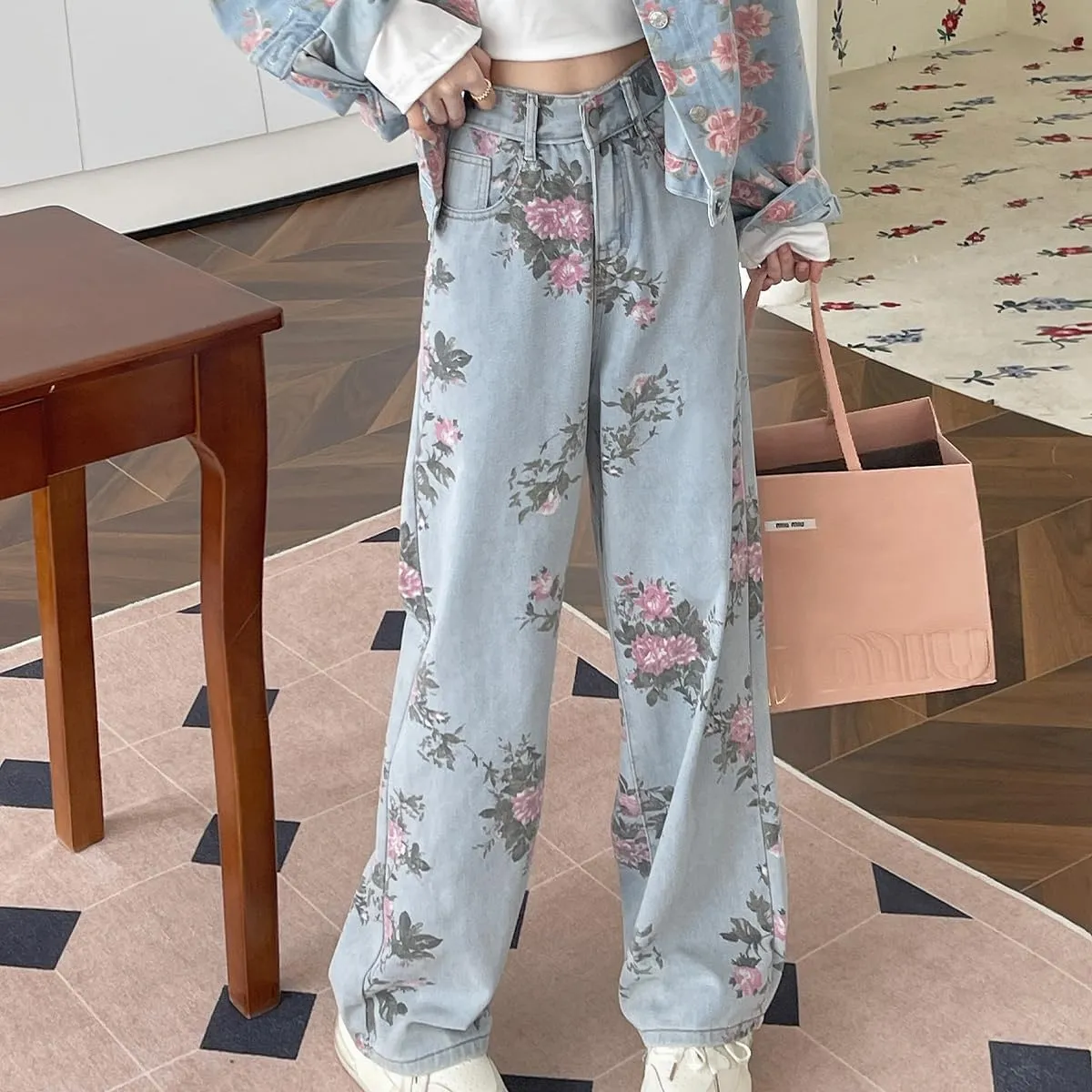 Casual Y2K Straight Leg High Waisted Jeans for Women Fashion Simplicity Cute Floral Printed Denim Pants