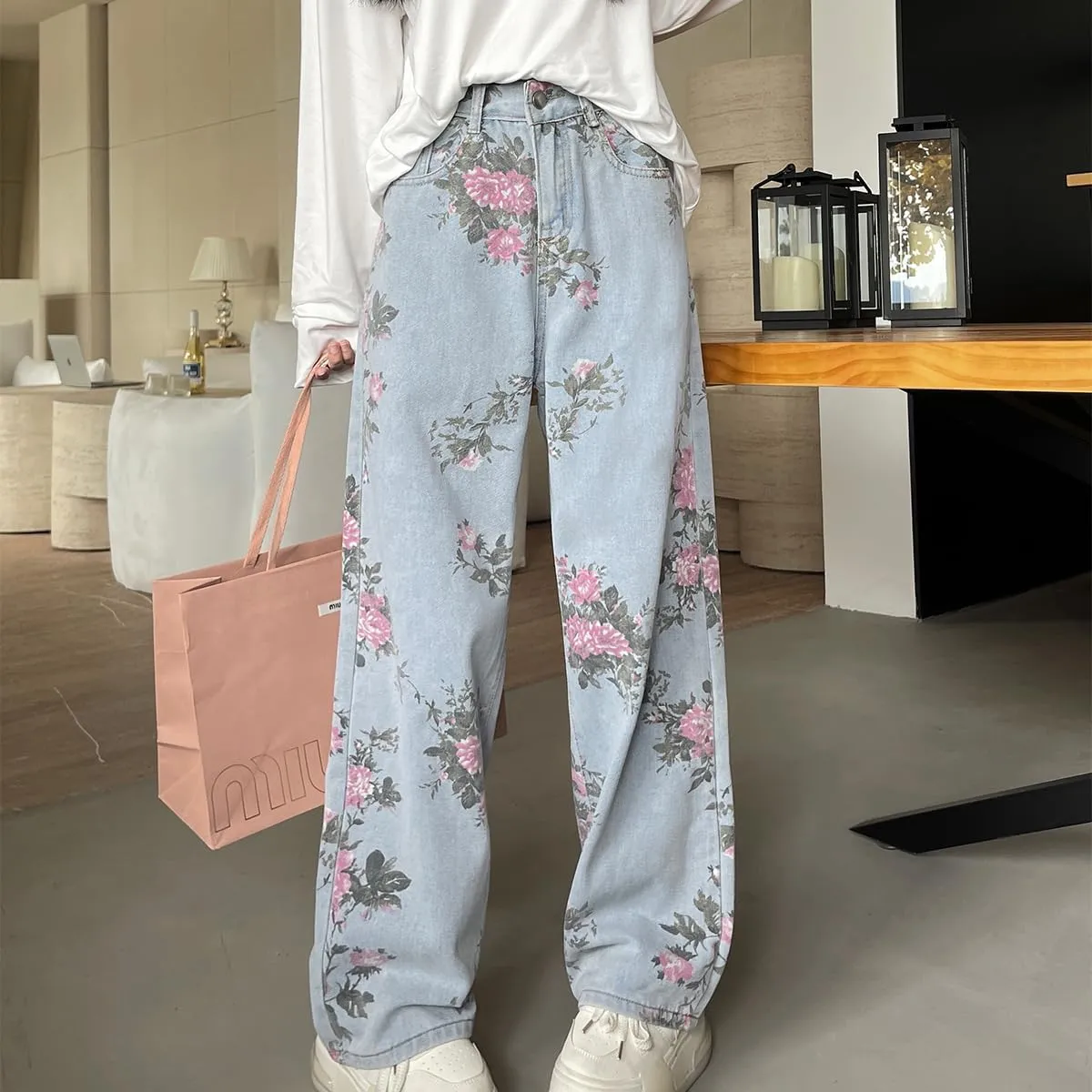 Casual Y2K Straight Leg High Waisted Jeans for Women Fashion Simplicity Cute Floral Printed Denim Pants