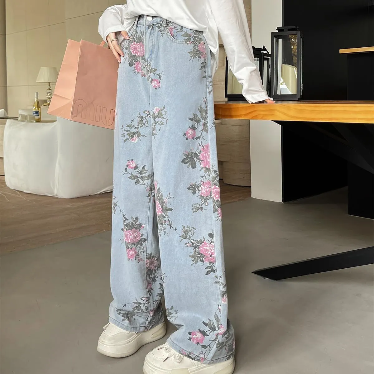 Casual Y2K Straight Leg High Waisted Jeans for Women Fashion Simplicity Cute Floral Printed Denim Pants