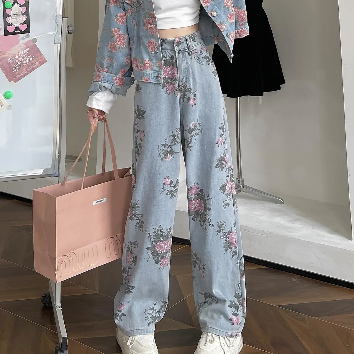 Casual Y2K Straight Leg High Waisted Jeans for Women Fashion Simplicity Cute Floral Printed Denim Pants