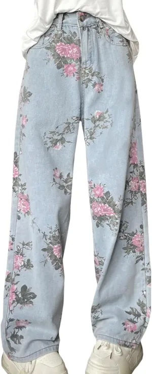 Casual Y2K Straight Leg High Waisted Jeans for Women Fashion Simplicity Cute Floral Printed Denim Pants