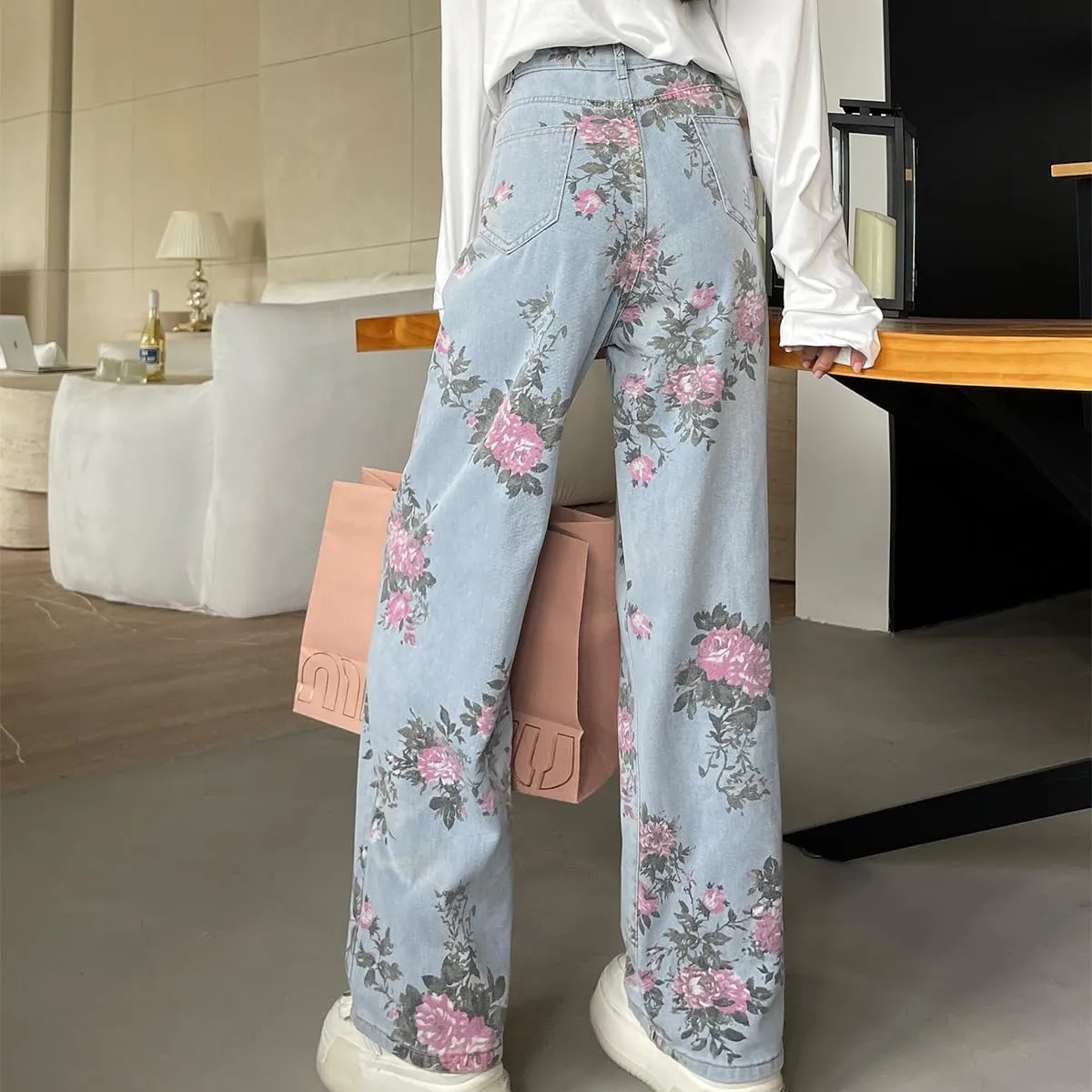 Casual Y2K Straight Leg High Waisted Jeans for Women Fashion Simplicity Cute Floral Printed Denim Pants