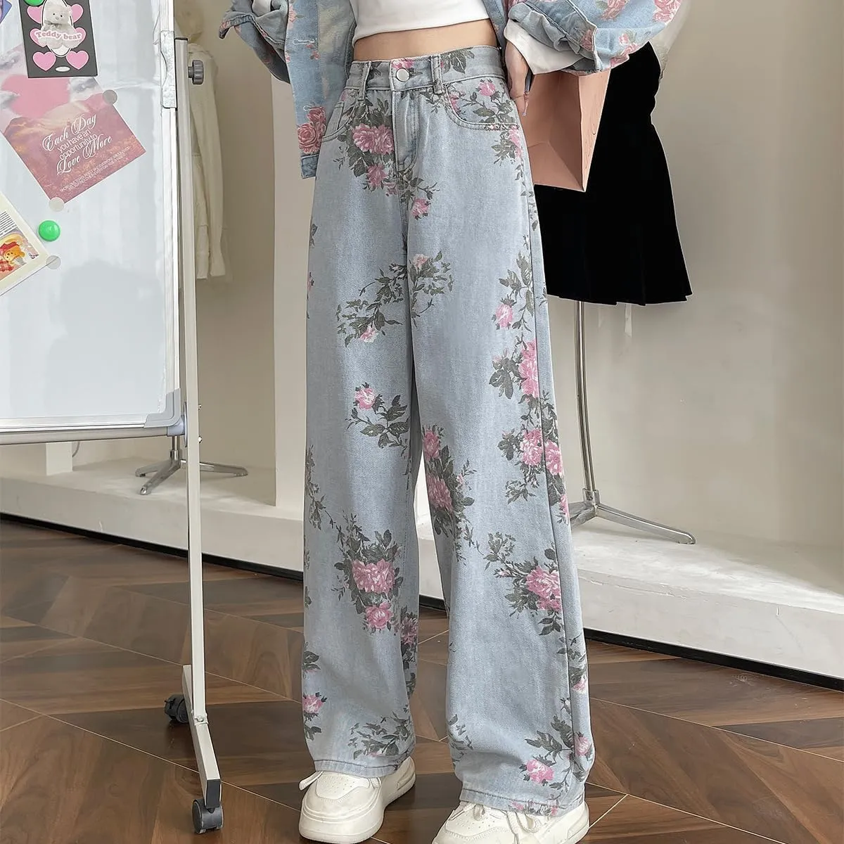 Casual Y2K Straight Leg High Waisted Jeans for Women Fashion Simplicity Cute Floral Printed Denim Pants
