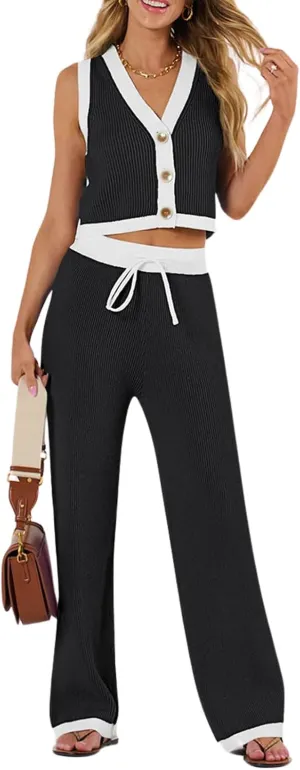 CHARTOU Knit Sweatsuits Women 2 Piece Outfits Fall Lounge Set Rib V Neck Vest Cropped Top Wide Leg Pants