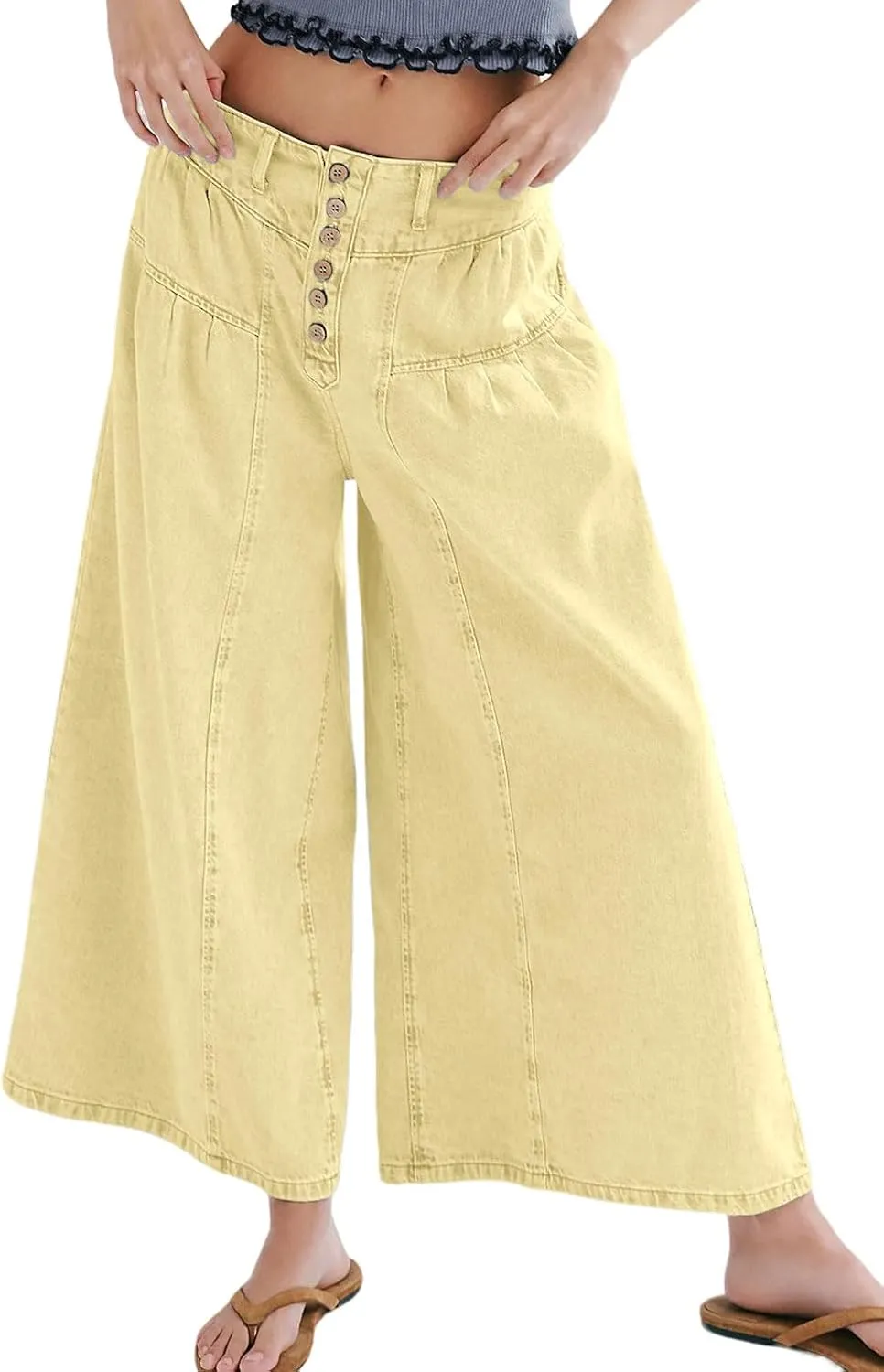 CHARTOU Women Flare Wide Leg Jeans Baggy Cropped Mid Rise Jeans Pleated Ruffle Denim Pants with Pockets