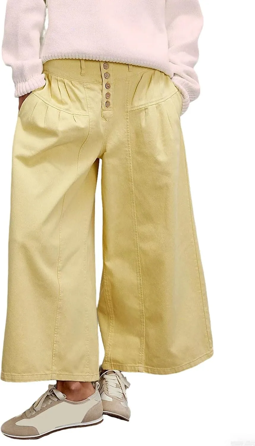 CHARTOU Women Flare Wide Leg Jeans Baggy Cropped Mid Rise Jeans Pleated Ruffle Denim Pants with Pockets