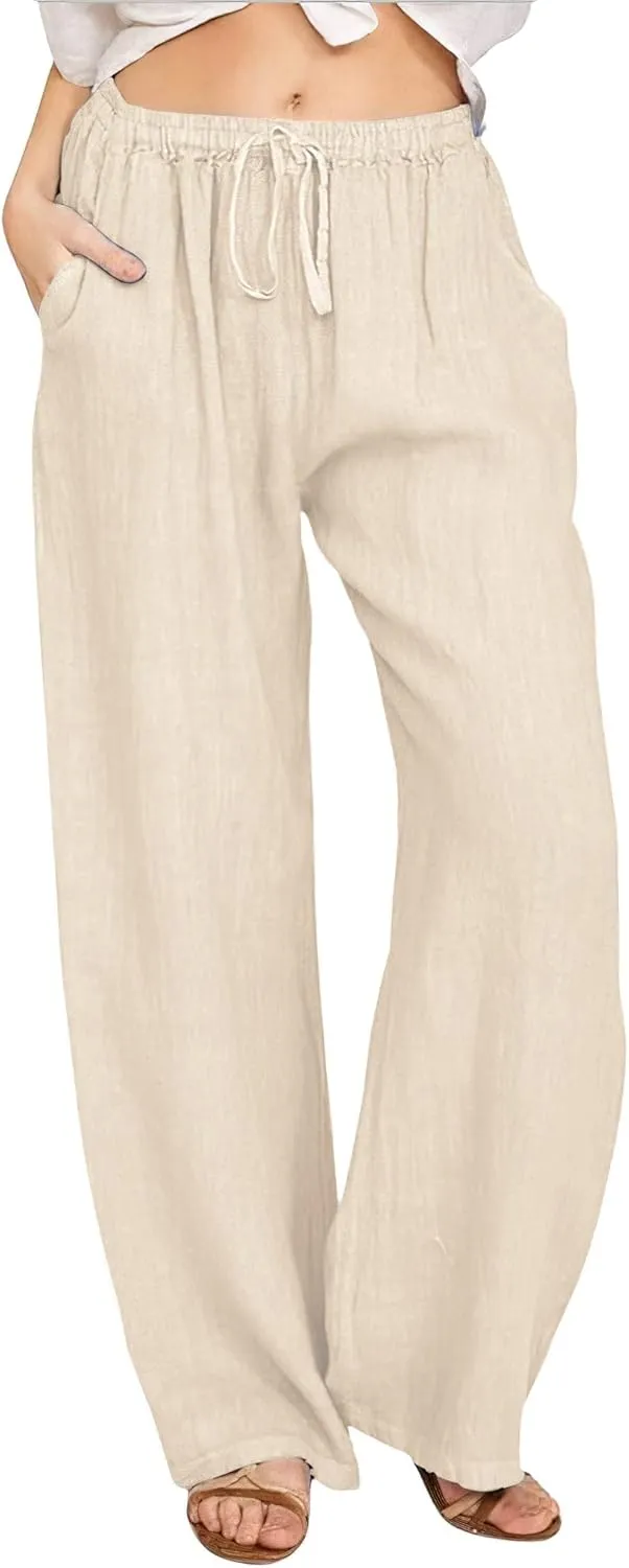 CHARTOU Women's Summer Drawstring Waist Wide Leg Loose Cotton Linen Palazzo Pants