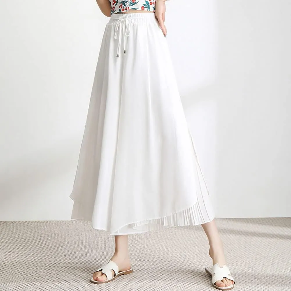 chouyatou Women's Chiffon Wide Leg Pants High Waist Pleated Culotte Palazzo Pants Side Slit
