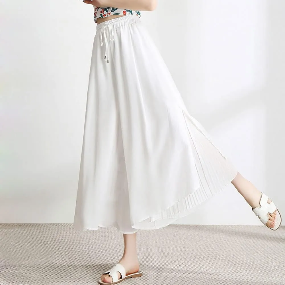 chouyatou Women's Chiffon Wide Leg Pants High Waist Pleated Culotte Palazzo Pants Side Slit