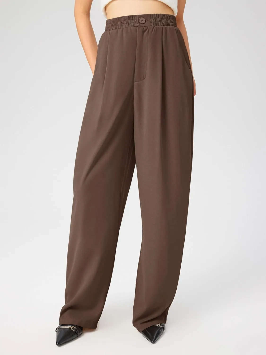 CIDER Solid High Waist Pleated Wide Leg Trousers
