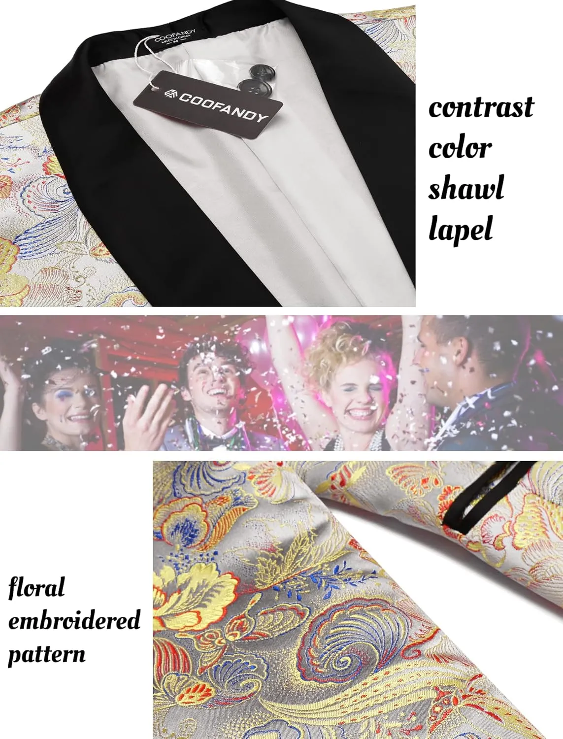 COOFANDY Men's Floral Tuxedo Jacket Luxury Embroidered Stylish Suit Blazer Jacket for Wedding Party Dinner