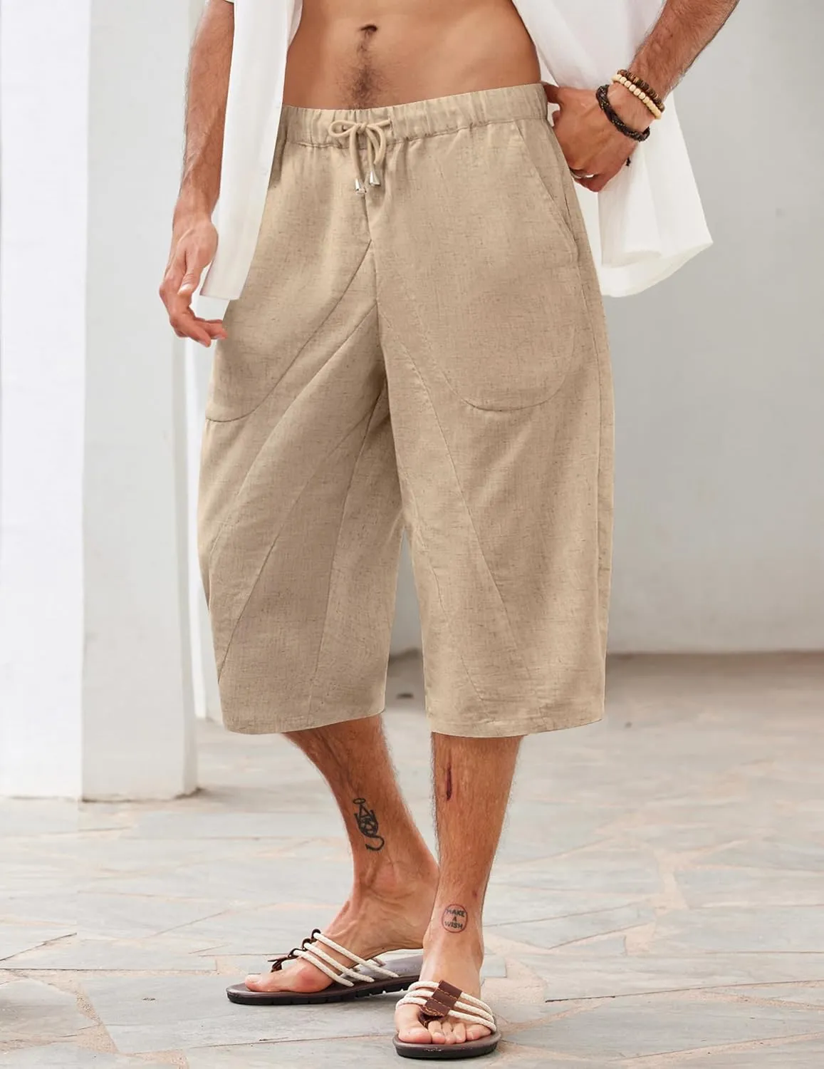 COOFANDY Men's Linen Harem Capri Pants Casual Lightweight Drawstring Yoga Pants Baggy 3/4 Beach Trousers