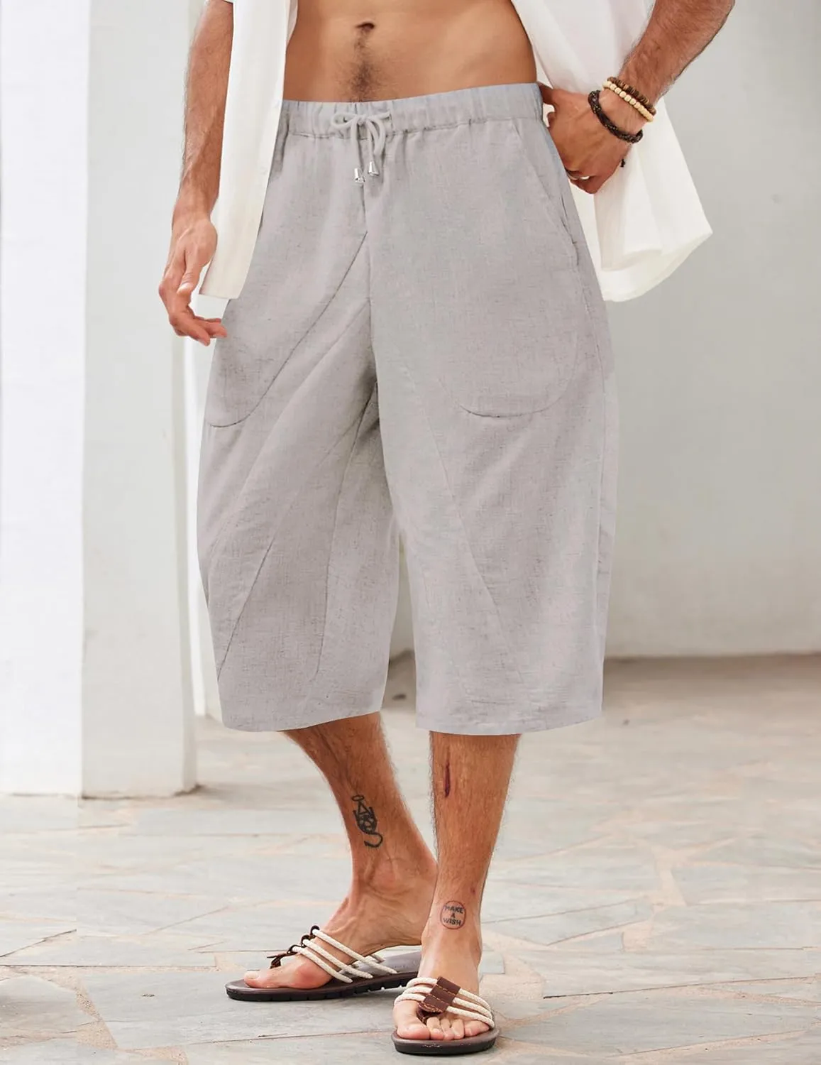 COOFANDY Men's Linen Harem Capri Pants Casual Lightweight Drawstring Yoga Pants Baggy 3/4 Beach Trousers