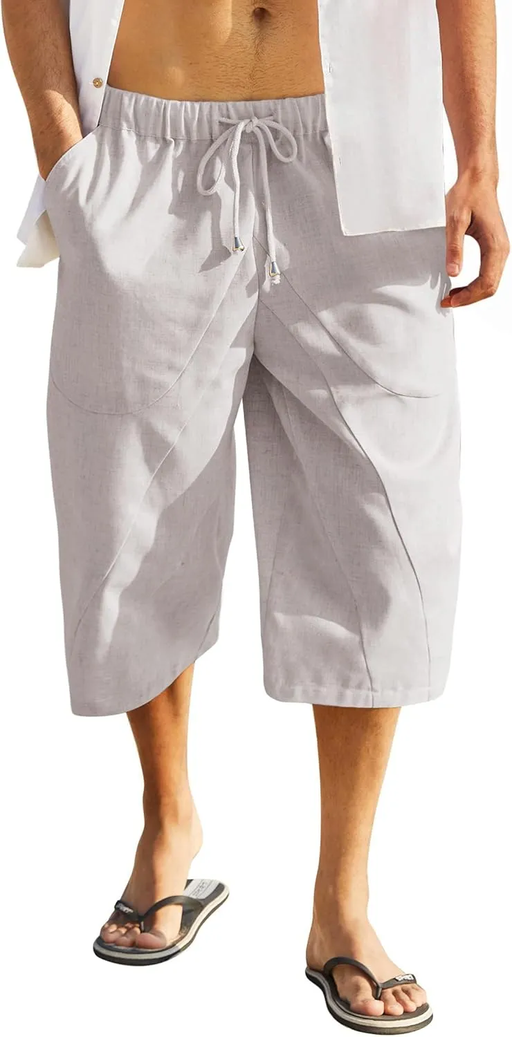 COOFANDY Men's Linen Harem Capri Pants Casual Lightweight Drawstring Yoga Pants Baggy 3/4 Beach Trousers