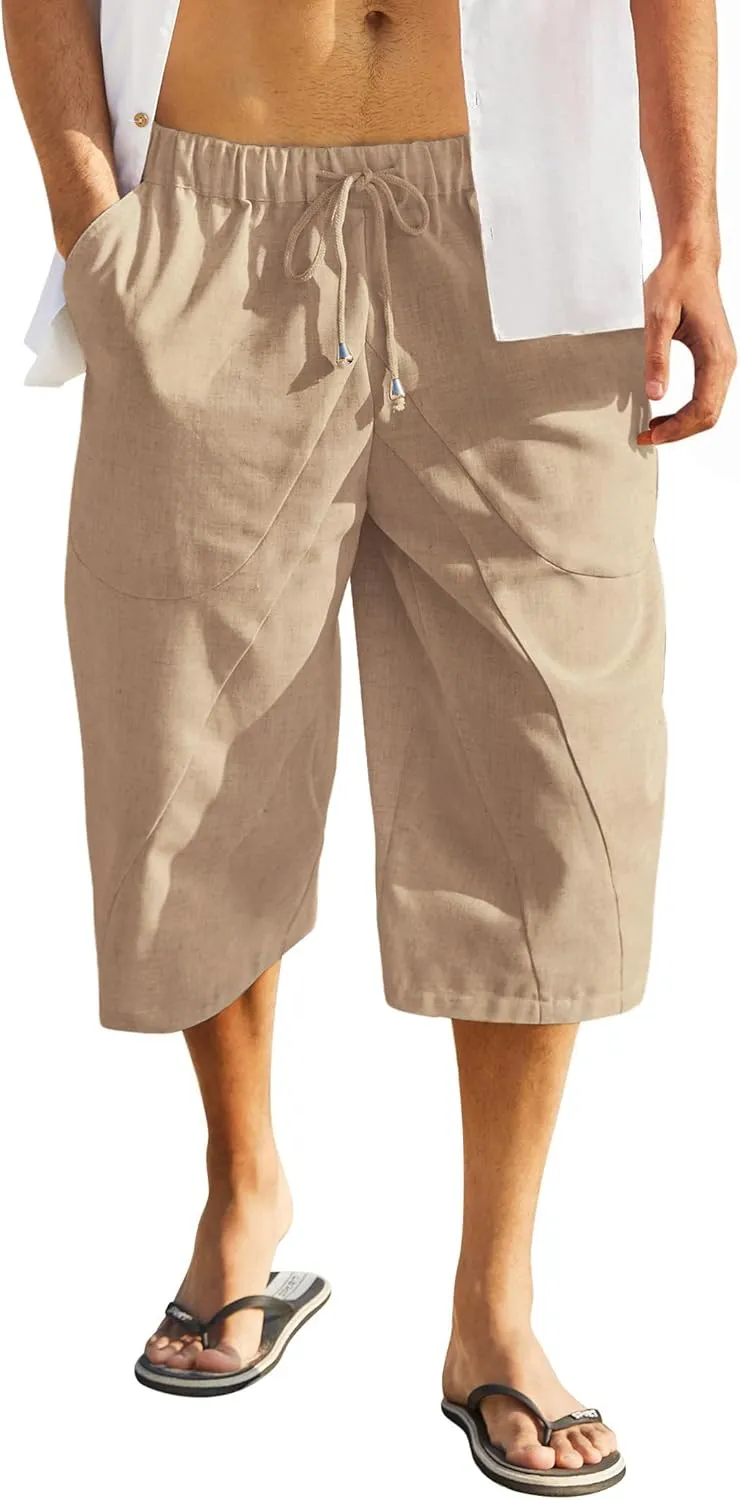 COOFANDY Men's Linen Harem Capri Pants Casual Lightweight Drawstring Yoga Pants Baggy 3/4 Beach Trousers