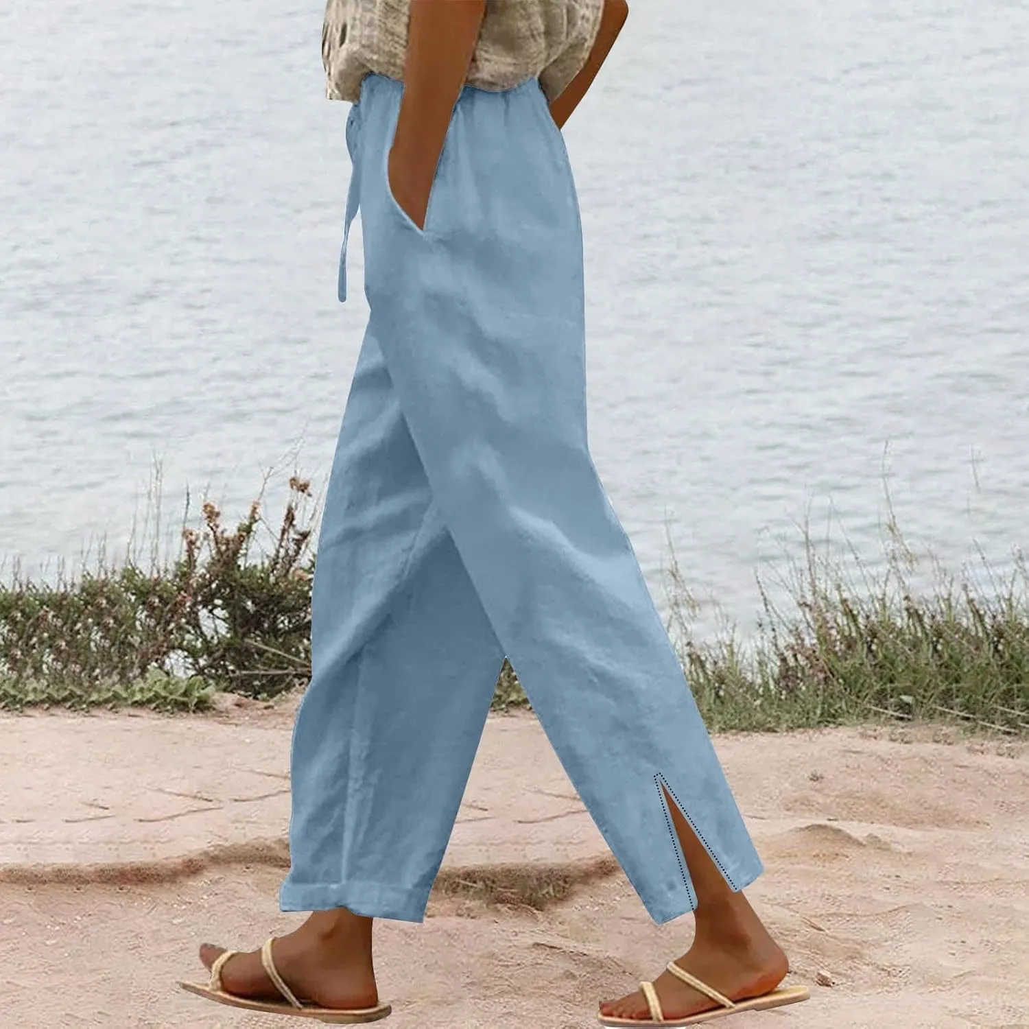 Cottin Linen Womens High Waist Casual Pants Relax Fit Drawstring Elastic Waist with Pockets Leg Lounge Summer Outfits
