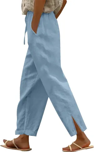 Cottin Linen Womens High Waist Casual Pants Relax Fit Drawstring Elastic Waist with Pockets Leg Lounge Summer Outfits