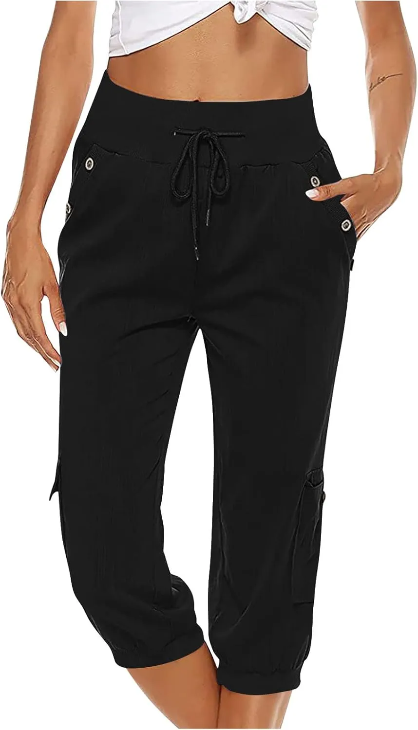 Cotton Linen Capri Pants for Women Drawstring High Waisted Loose Fit Summer Capris Casual Cropped Trouser with Pocket
