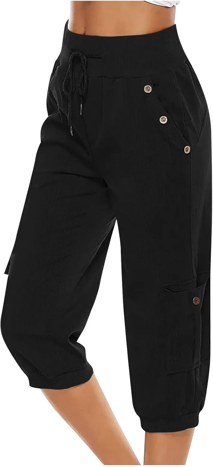 Cotton Linen Capri Pants for Women Drawstring High Waisted Loose Fit Summer Capris Casual Cropped Trouser with Pocket