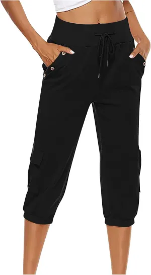 Cotton Linen Capri Pants for Women Drawstring High Waisted Loose Fit Summer Capris Casual Cropped Trouser with Pocket