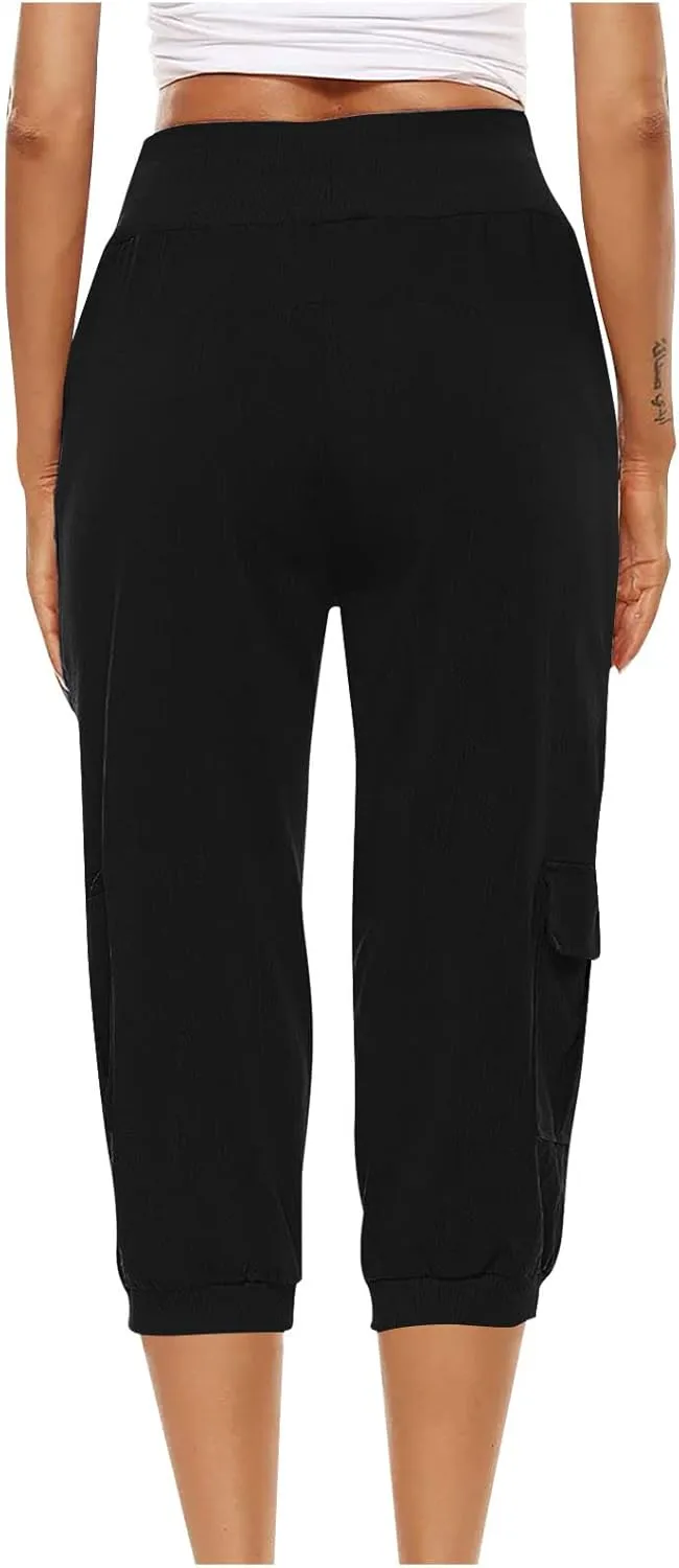 Cotton Linen Capri Pants for Women Drawstring High Waisted Loose Fit Summer Capris Casual Cropped Trouser with Pocket