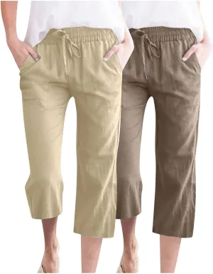 Cotton Linen Capris for Women Drawstring Elastic High Waist Cropped Pants Casual Loose Trouser 2 Pack