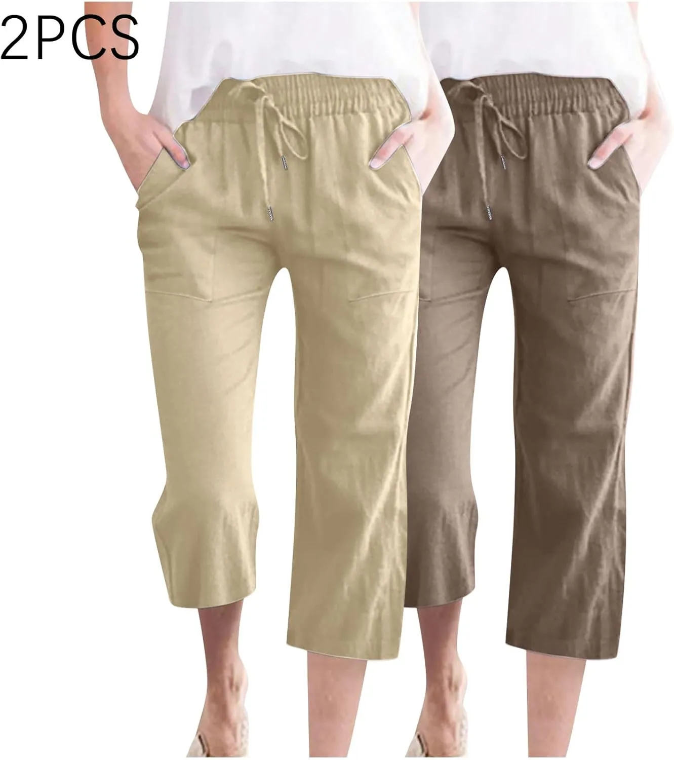 Cotton Linen Capris for Women Drawstring Elastic High Waist Cropped Pants Casual Loose Trouser 2 Pack