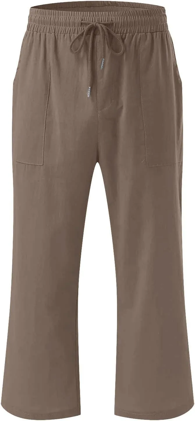 Cotton Linen Capris for Women Drawstring Elastic High Waist Cropped Pants Casual Loose Trouser 2 Pack