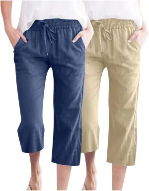 Cotton Linen Capris for Women Drawstring Elastic High Waist Cropped Pants Casual Loose Trouser 2 Pack