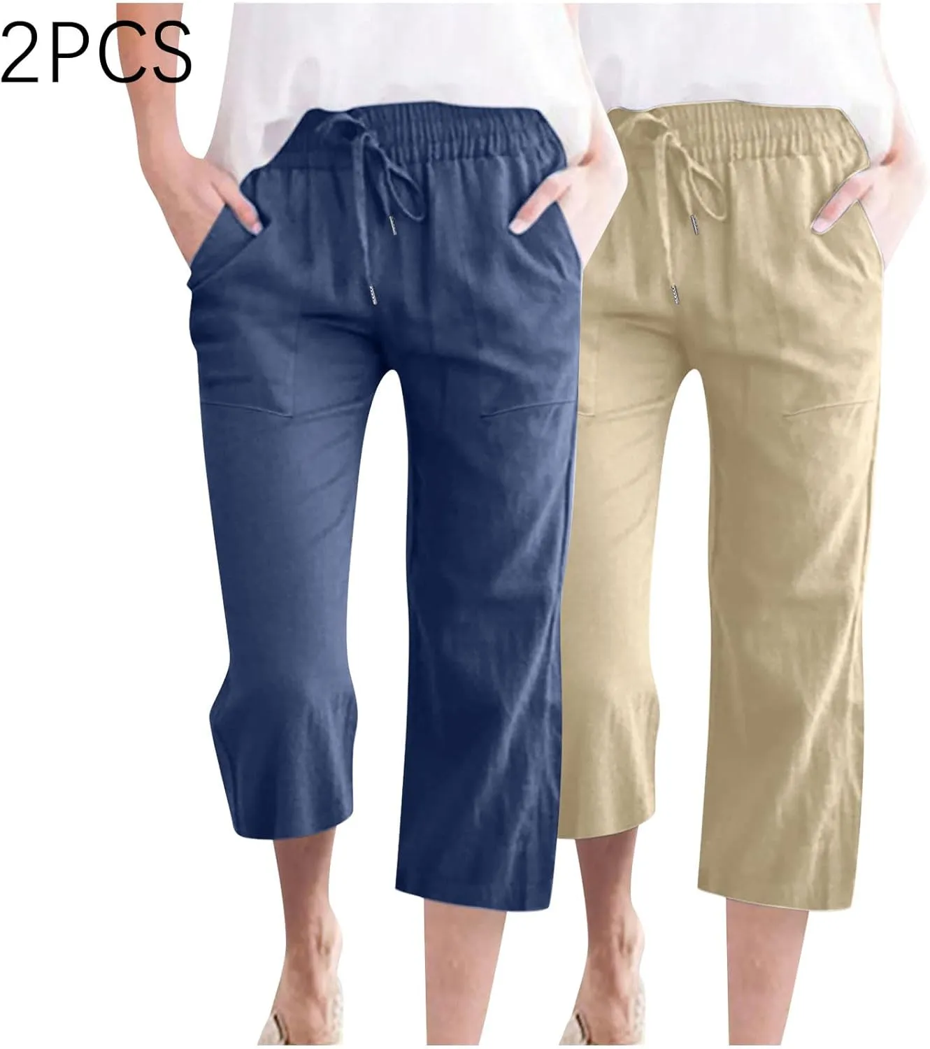 Cotton Linen Capris for Women Drawstring Elastic High Waist Cropped Pants Casual Loose Trouser 2 Pack