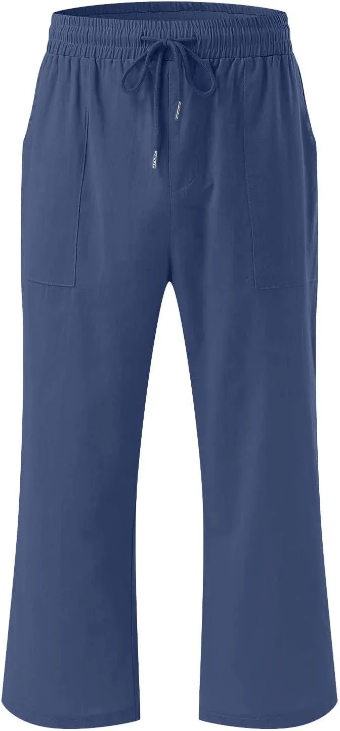 Cotton Linen Capris for Women Drawstring Elastic High Waist Cropped Pants Casual Loose Trouser 2 Pack
