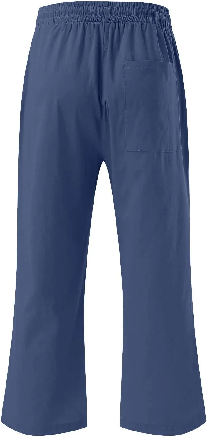 Cotton Linen Capris for Women Drawstring Elastic High Waist Cropped Pants Casual Loose Trouser 2 Pack