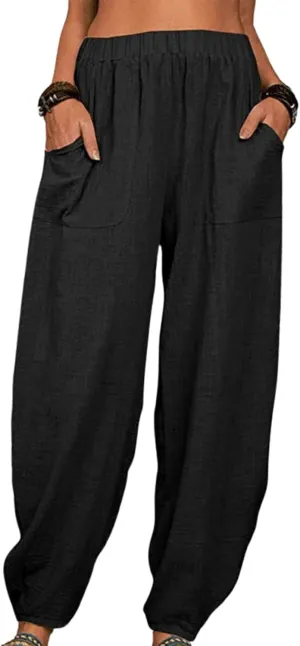 Cotton Linen Elastic Waist Harem Pants for Women Casual High Waist Trousers with Pockets Solid Color Casual Pants