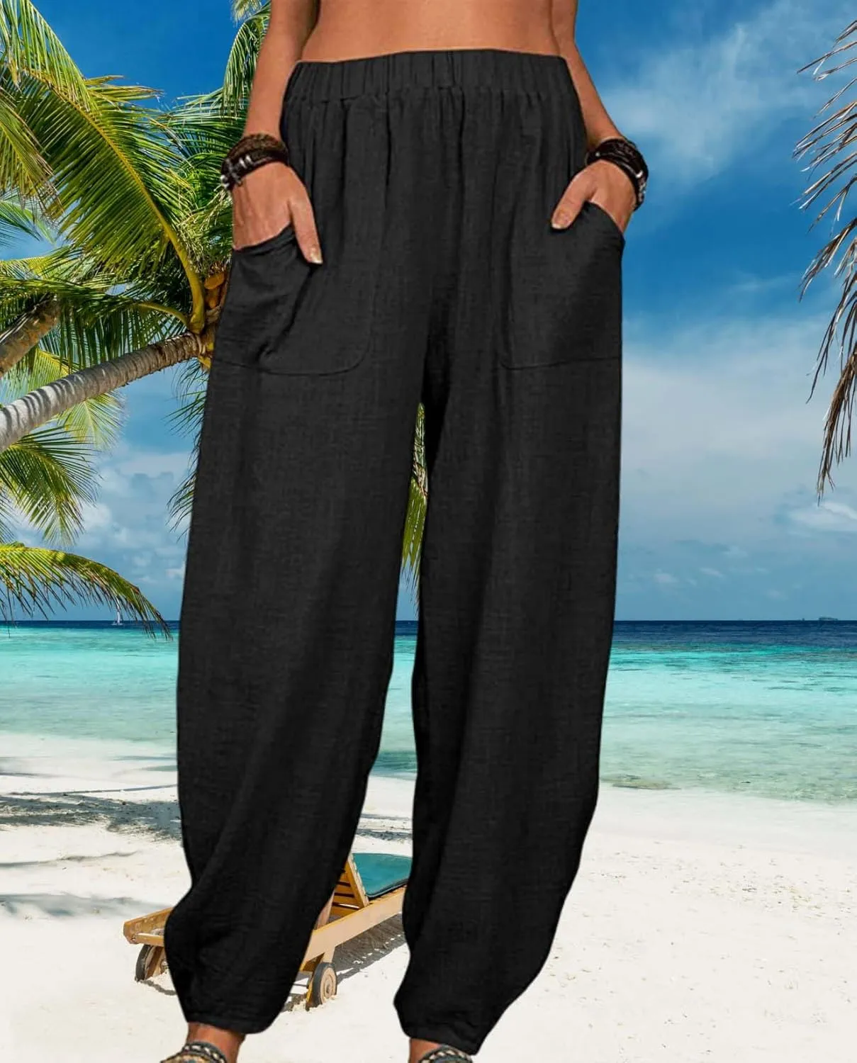 Cotton Linen Elastic Waist Harem Pants for Women Casual High Waist Trousers with Pockets Solid Color Casual Pants