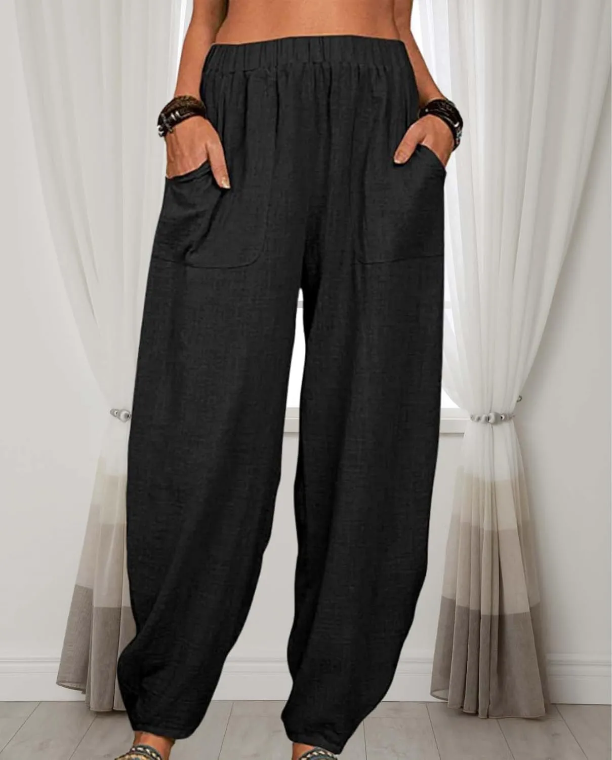 Cotton Linen Elastic Waist Harem Pants for Women Casual High Waist Trousers with Pockets Solid Color Casual Pants