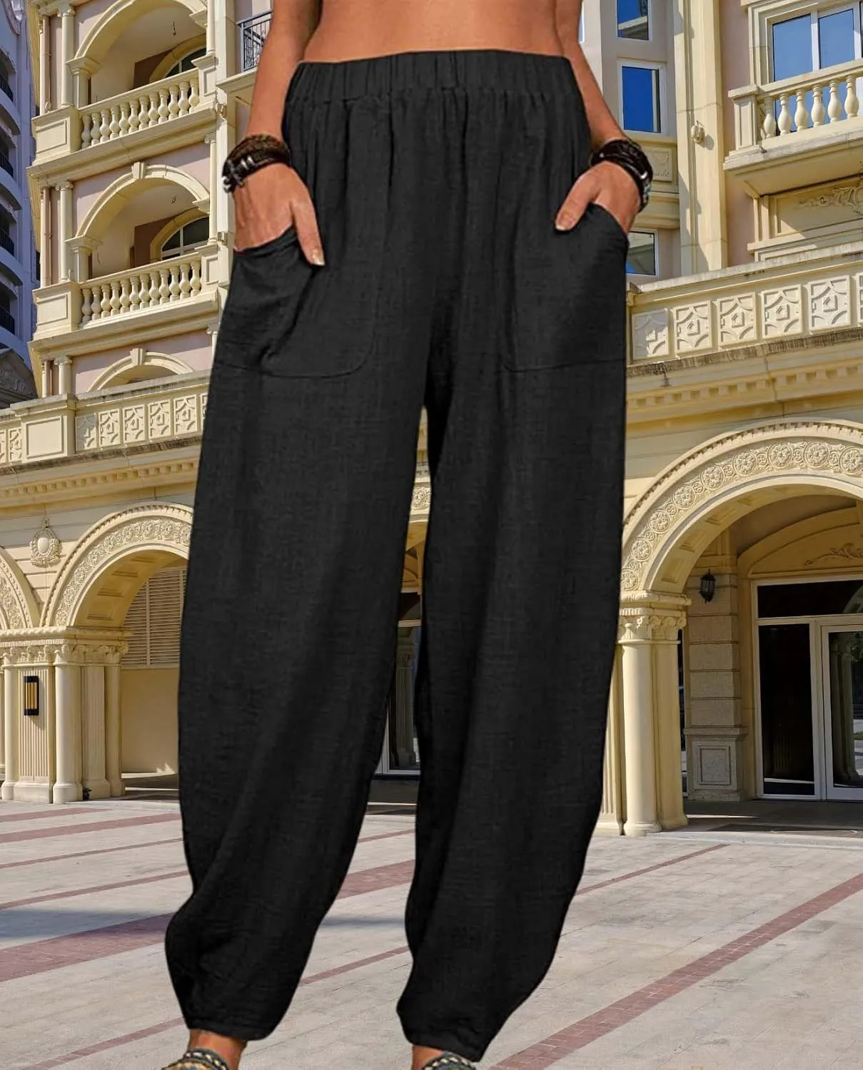 Cotton Linen Elastic Waist Harem Pants for Women Casual High Waist Trousers with Pockets Solid Color Casual Pants