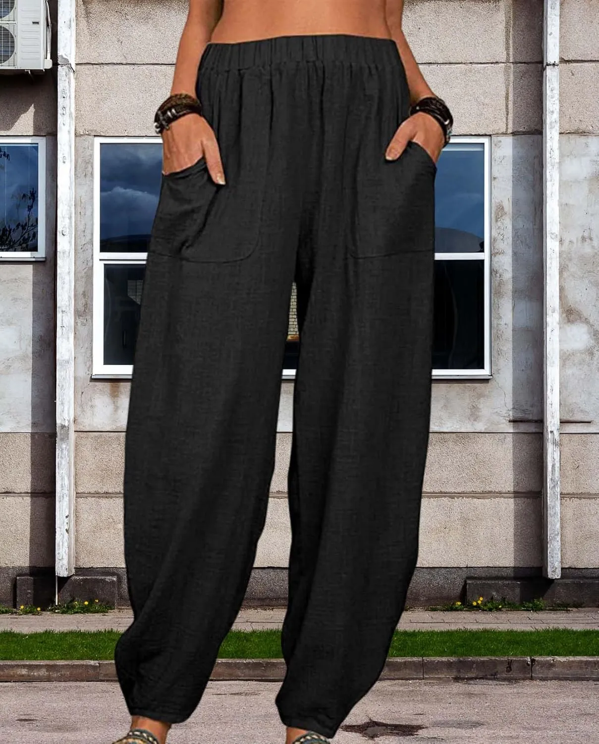 Cotton Linen Elastic Waist Harem Pants for Women Casual High Waist Trousers with Pockets Solid Color Casual Pants