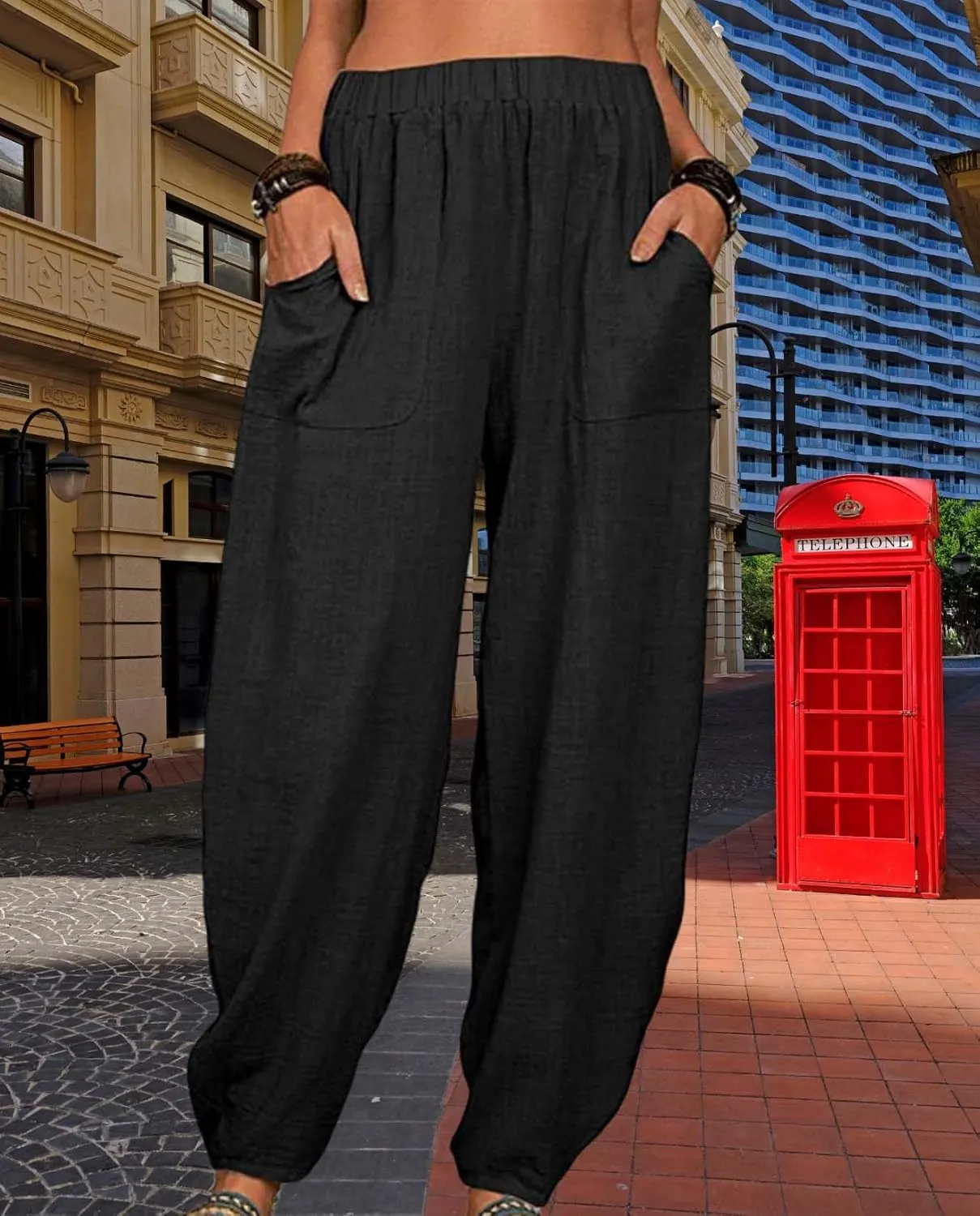 Cotton Linen Elastic Waist Harem Pants for Women Casual High Waist Trousers with Pockets Solid Color Casual Pants