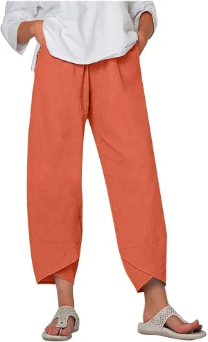 Cotton Linen Pants for Women Summer Wide Leg Capri Pants Petal Hem Baggy Cropped Trousers with Pockets